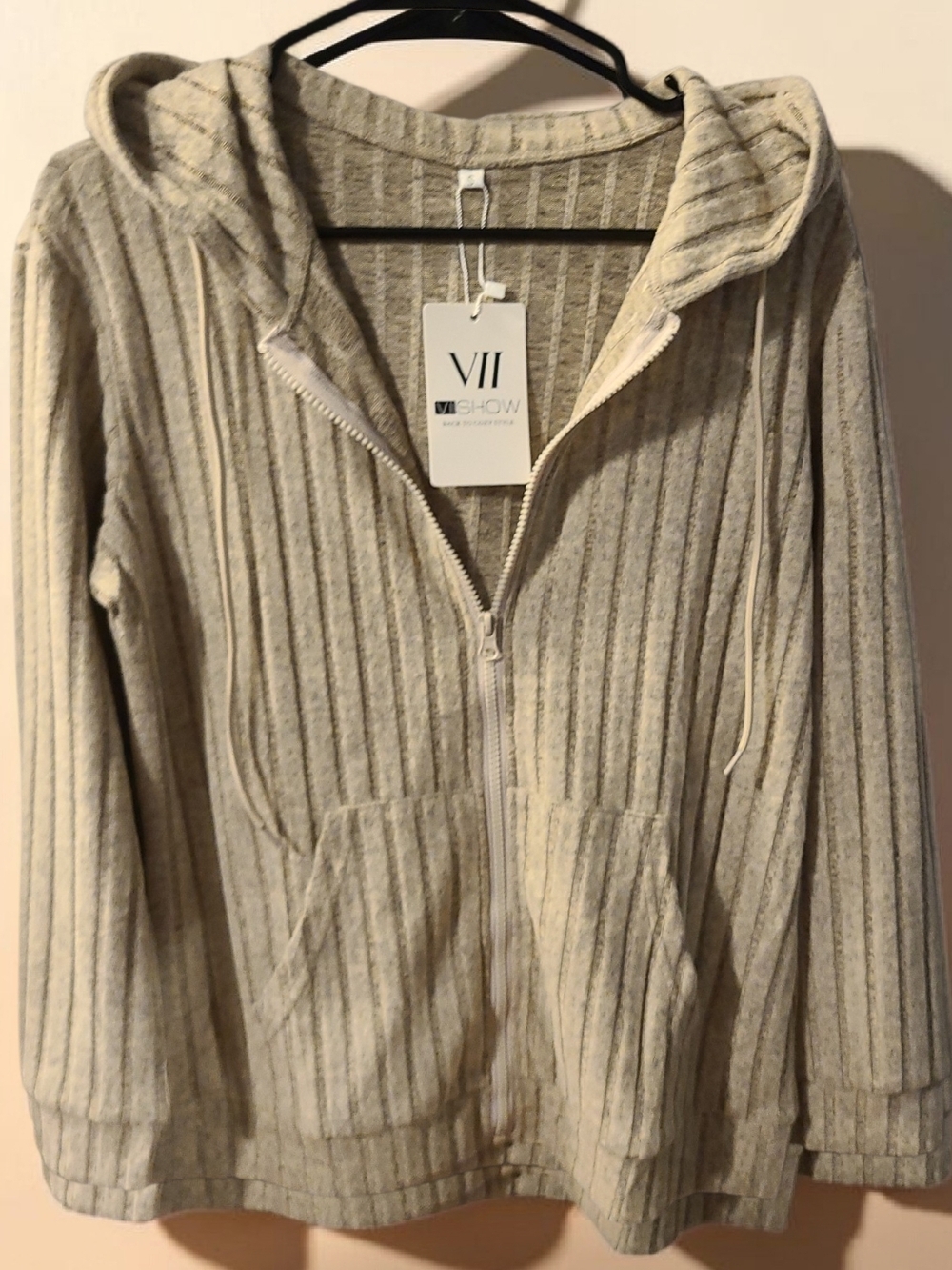 VII SHOW Women's Cream Ribbed Zip Hoodie Jacket